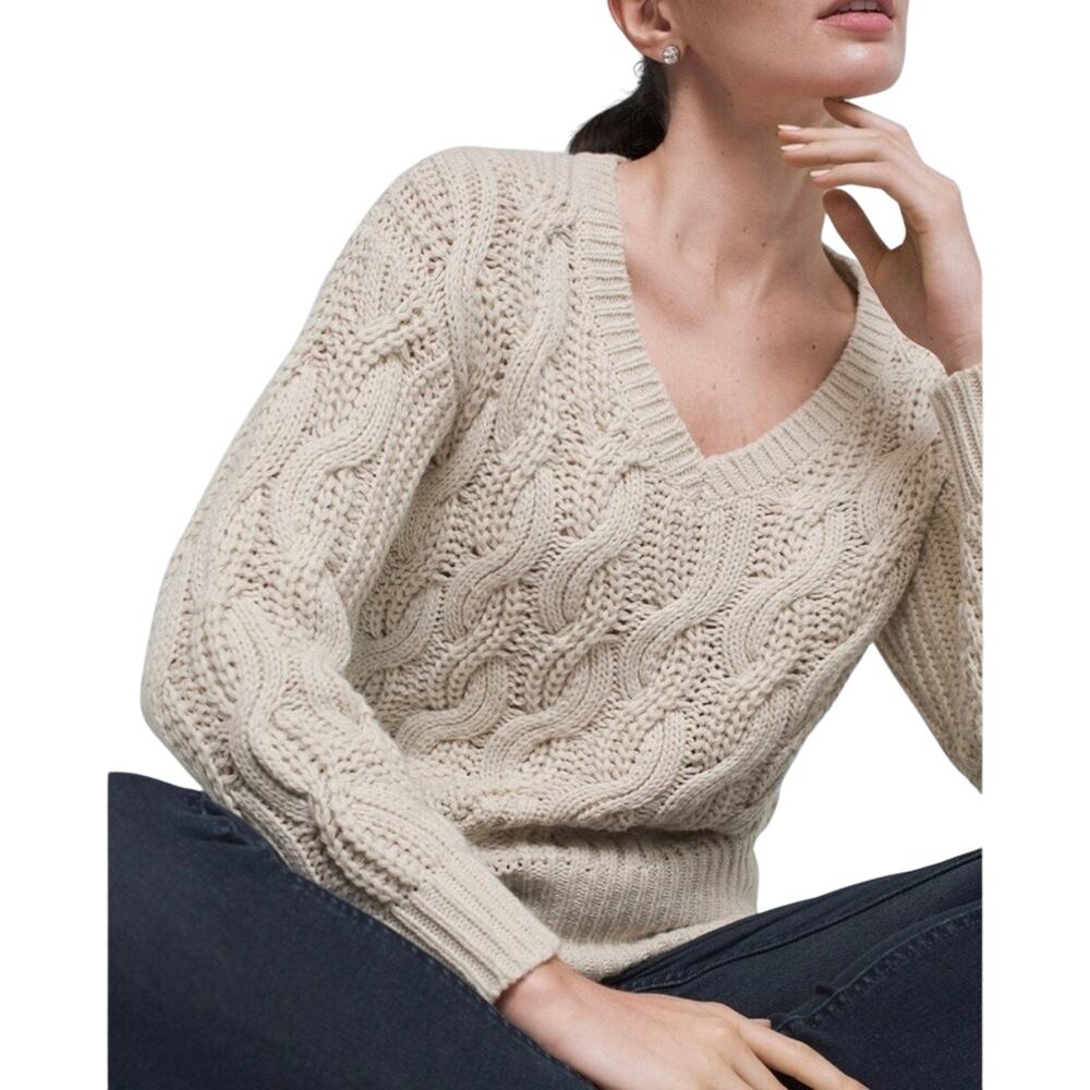 WHBM Chunky Sweater Cable Knit Wool‎ Blend Cream White Cozy Large